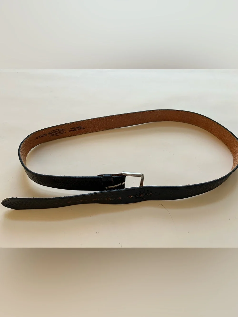 Silver creek Men’s Black Woven Leather Belt with Silver Buckle size 50